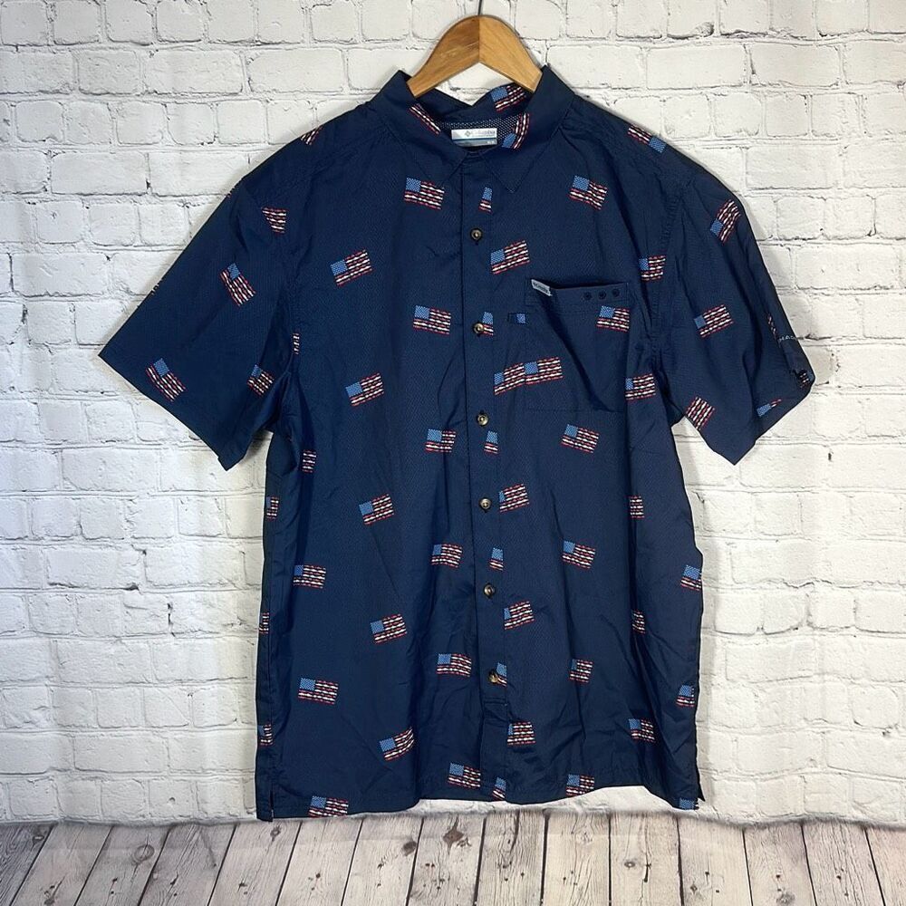 Columbia Men’s Super Bluefin Winds Camp Fishing Shirt USA Flag Shirt‎ Size M